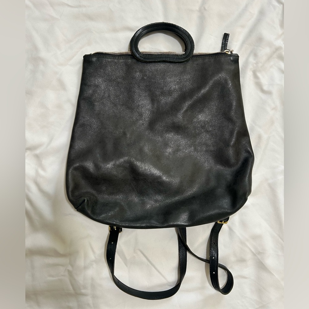 Black Leather Backpack Tote - Women